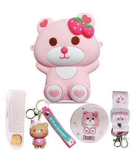 ANSTONIA® Pink Sling Bag Lusu Bear Silicone soft Jelly Purse With Mirror, Comb & Keychain