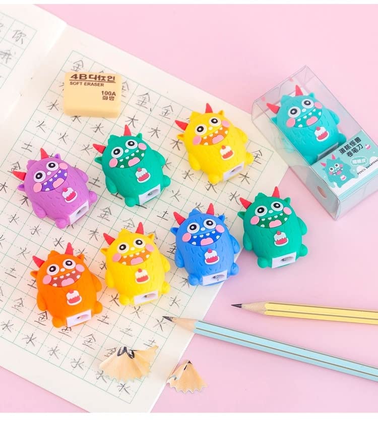 ANSTONIA® Cute Monster Sharpener with Eraser for Kids, Birthday Return Gifts Sharpeners  (Set of 6, Green, Yellow, Orange, Blue)