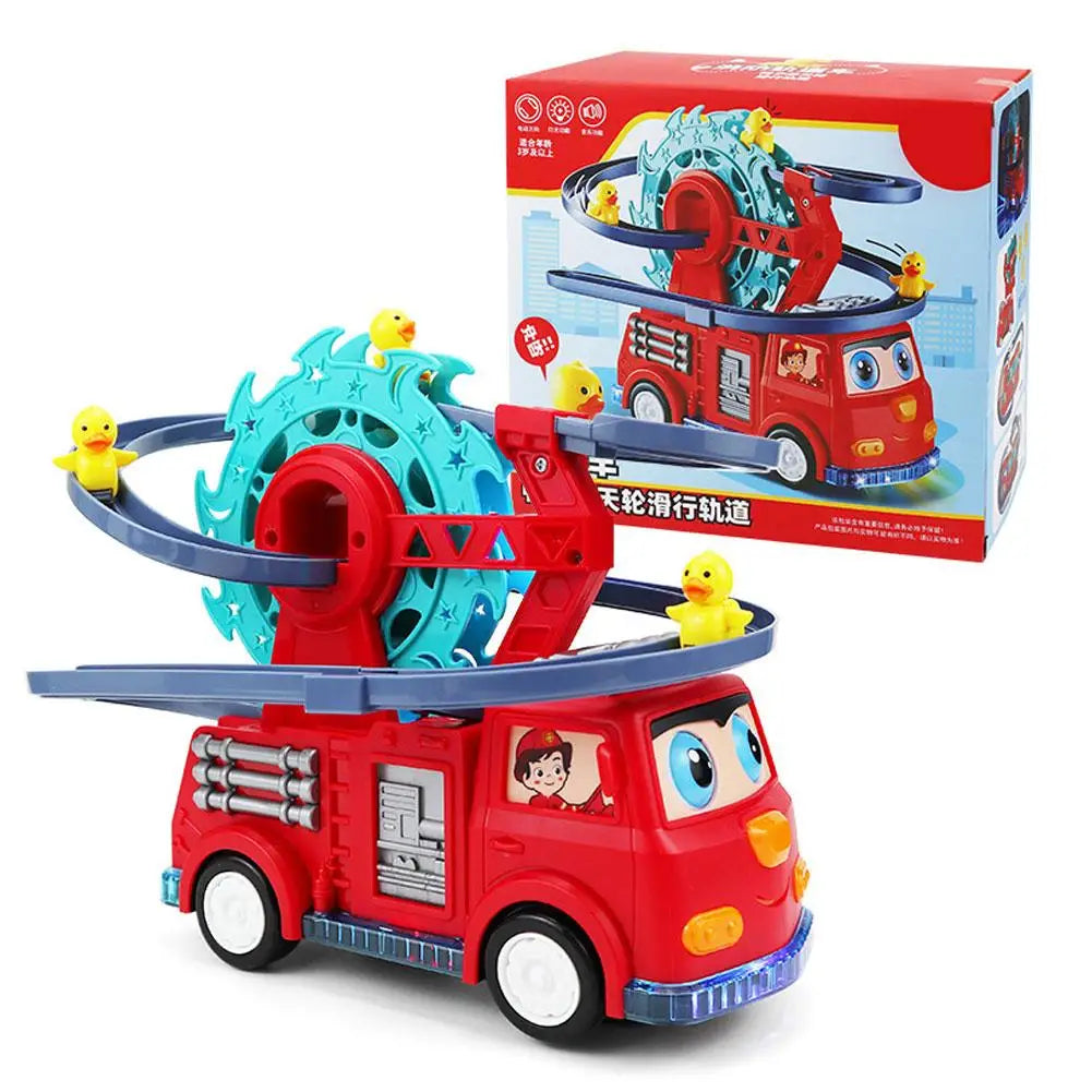 ANSTONIA Kids' Battery-Powered Fire Truck and Duck Race Track Set with Electric Music Car