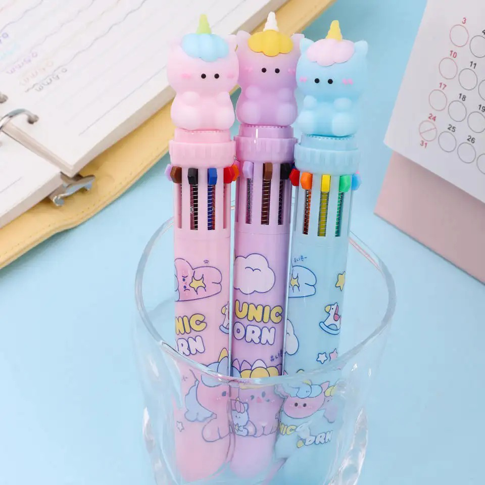 ANSTONIA® 10 Colors Ball Pen Set Rainbow Unicorn Style with Cute Topper, 0.7 mm Point Ball Pen (Pack of 3)