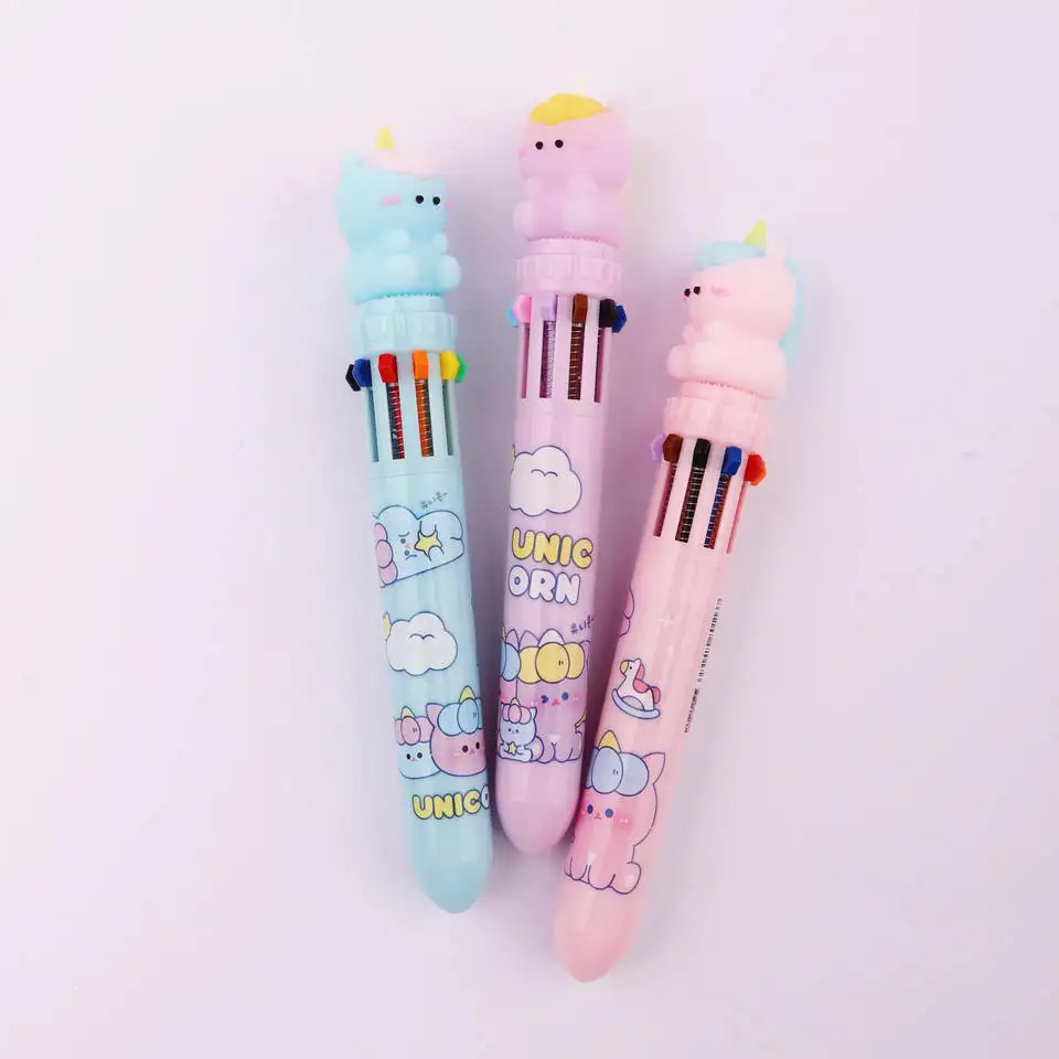 ANSTONIA® 10 Colors Ball Pen Set Rainbow Unicorn Style with Cute Topper, 0.7 mm Point Ball Pen (Pack of 3)