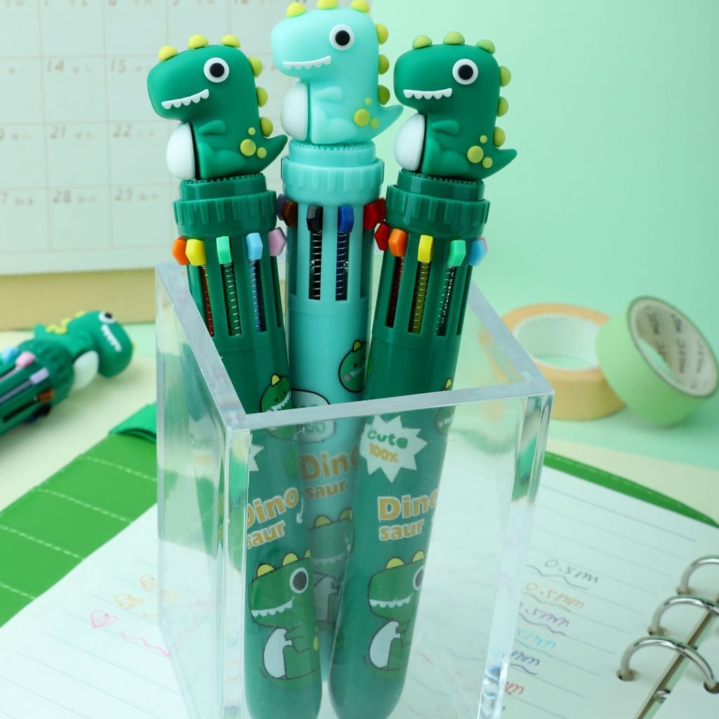 ANSTONIA® 10 Colors Ball Pen Set Dinosaur Style with Cute Topper, 0.7 mm Point Ball Pen (Pack of 2)