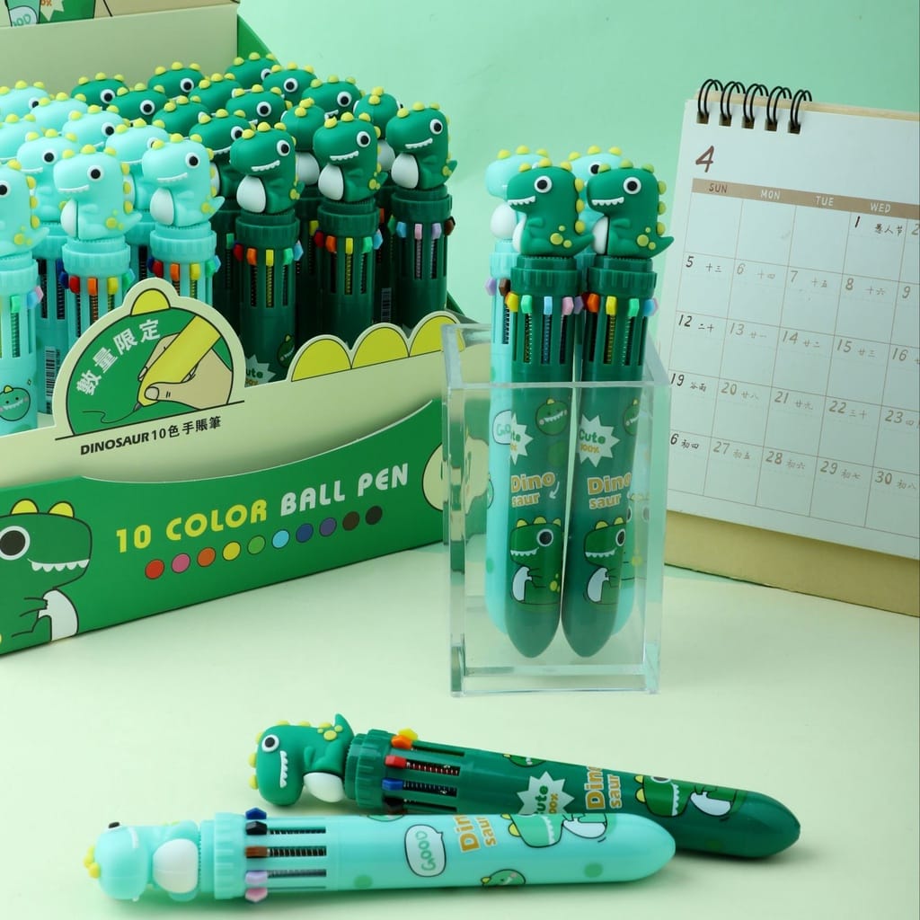 ANSTONIA® 10 Colors Ball Pen Set Dinosaur Style with Cute Topper, 0.7 mm Point Ball Pen (Pack of 2)